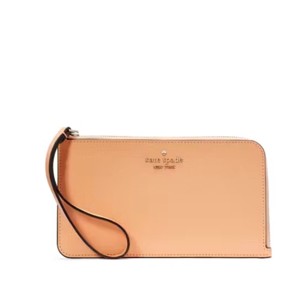 New Kate Spade Lucy Medium L-zip Wristlet Saffiano Leather Orange Cream